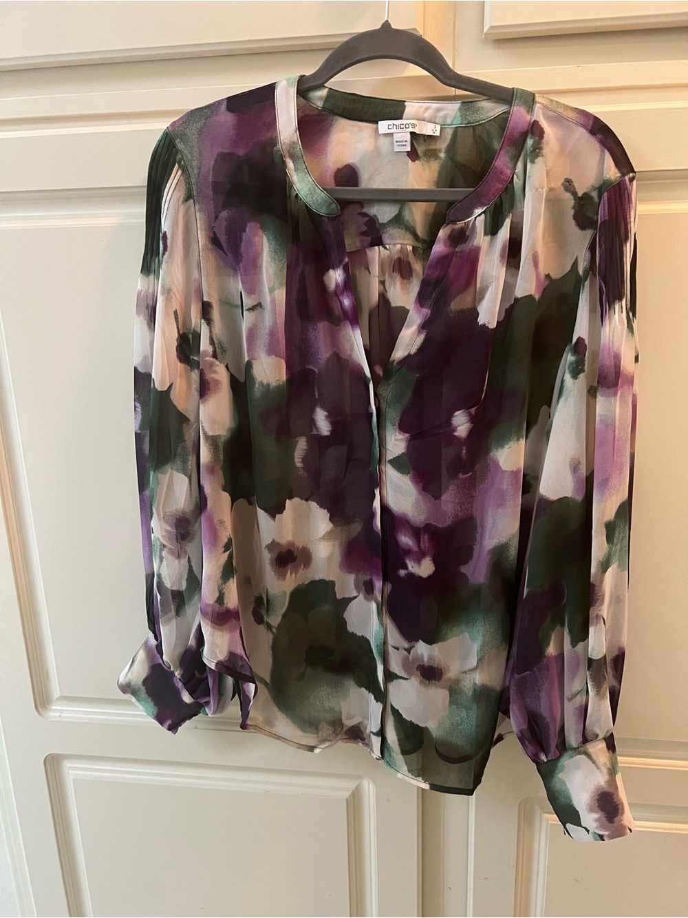 Chico's Green and Purple Floral Sheet Satin Blouse size 3